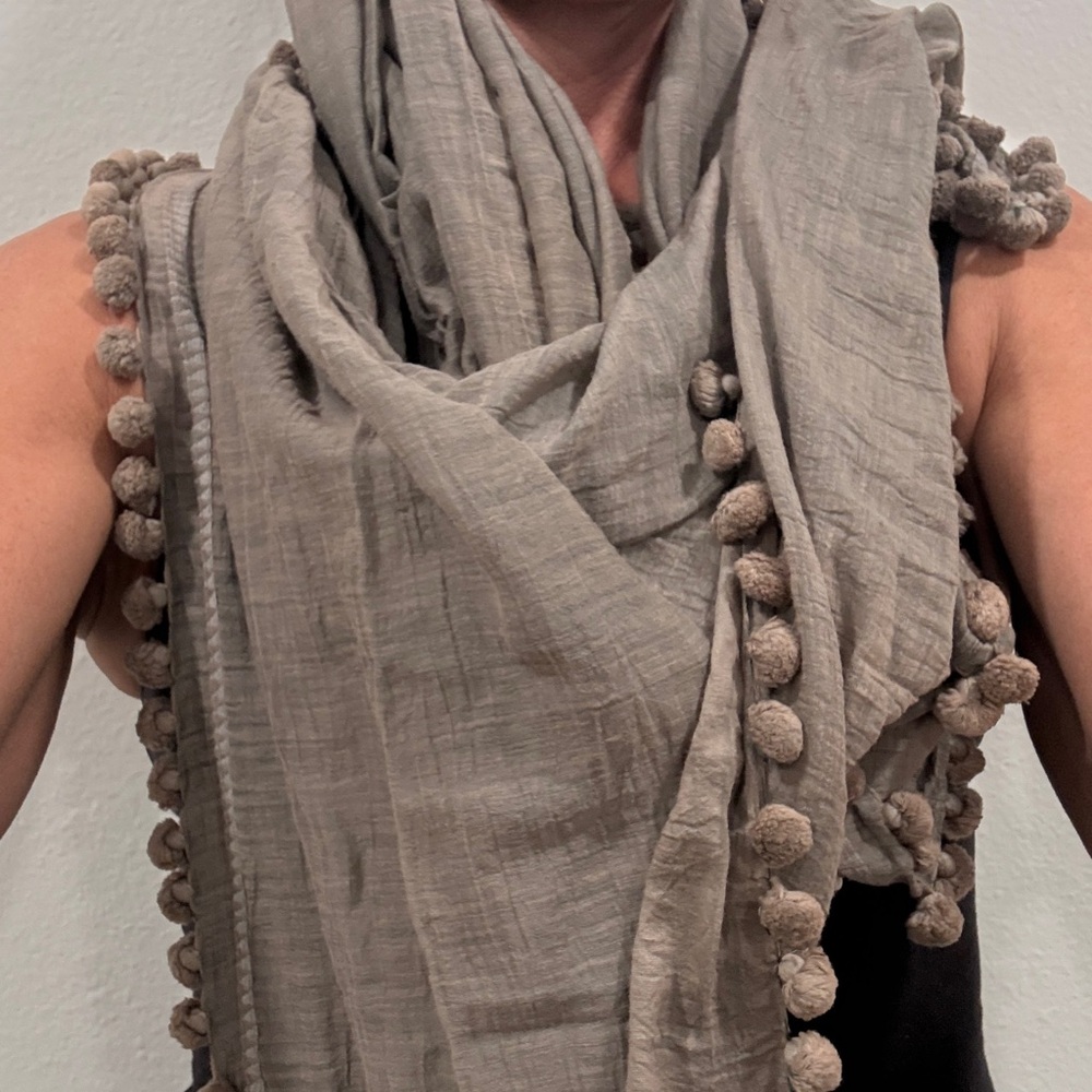 Matta Taupe Scarf with Pom Pom Trim - Picture 9 of 9